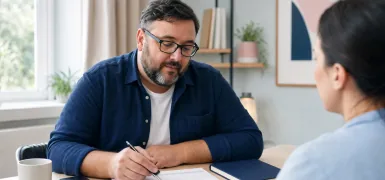 Man reviewing a calendar at a desk while speaking with a woman