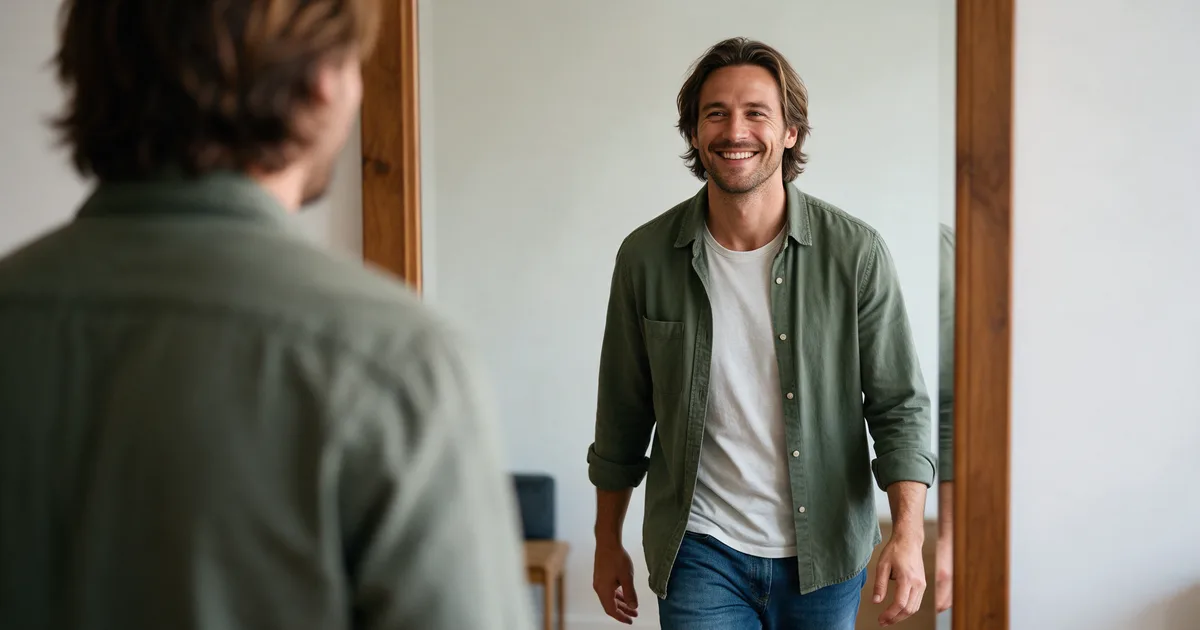 smiling man with long hair looking in mirror