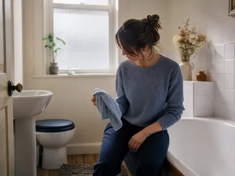 Woman sitting on the edge of a bath, holding a flannel and looking down
