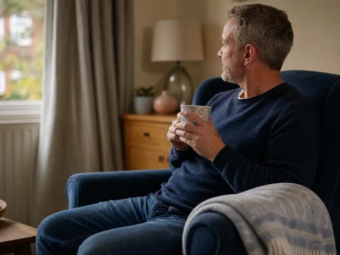 Man sitting back in an armchair by a window, holding a mug of tea