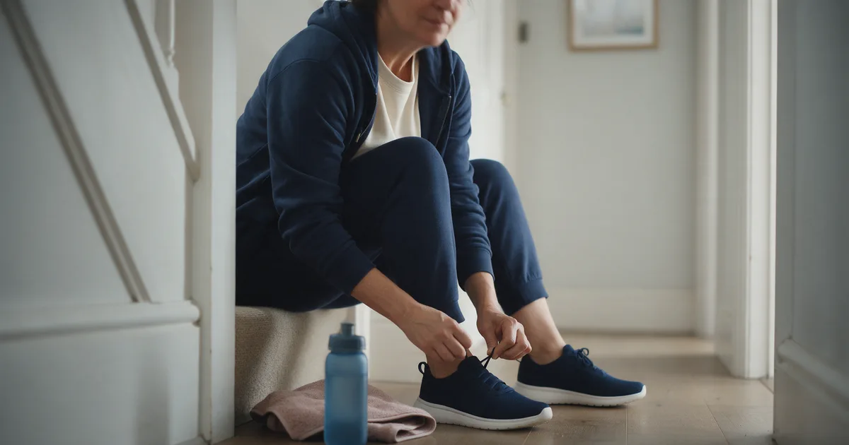Person sitting on a bottom stair in a bright hallway, lacing a navy trainer, with a water bottle nearby.