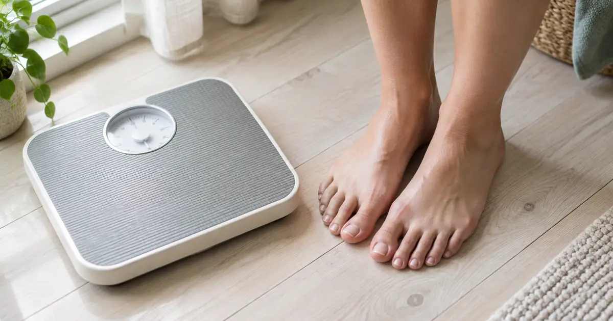 Bare feet on a light wooden floor beside a bathroom scale