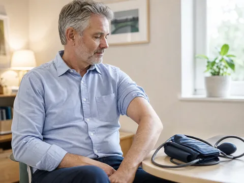 Man with one sleeve rolled up, sitting beside a blood pressure cuff