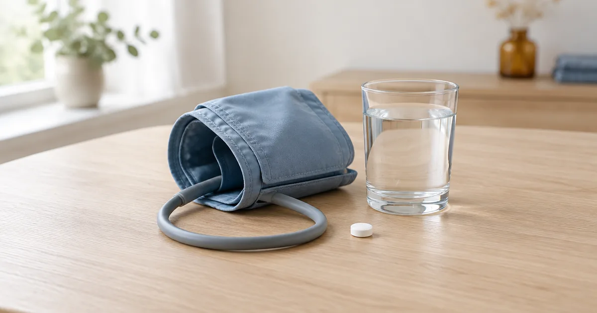Blood pressure cuff beside a glass of water and a white tablet on a wooden table