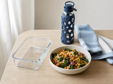 Glass food container, bowl of grains and vegetables, water bottle and tea towel on a table