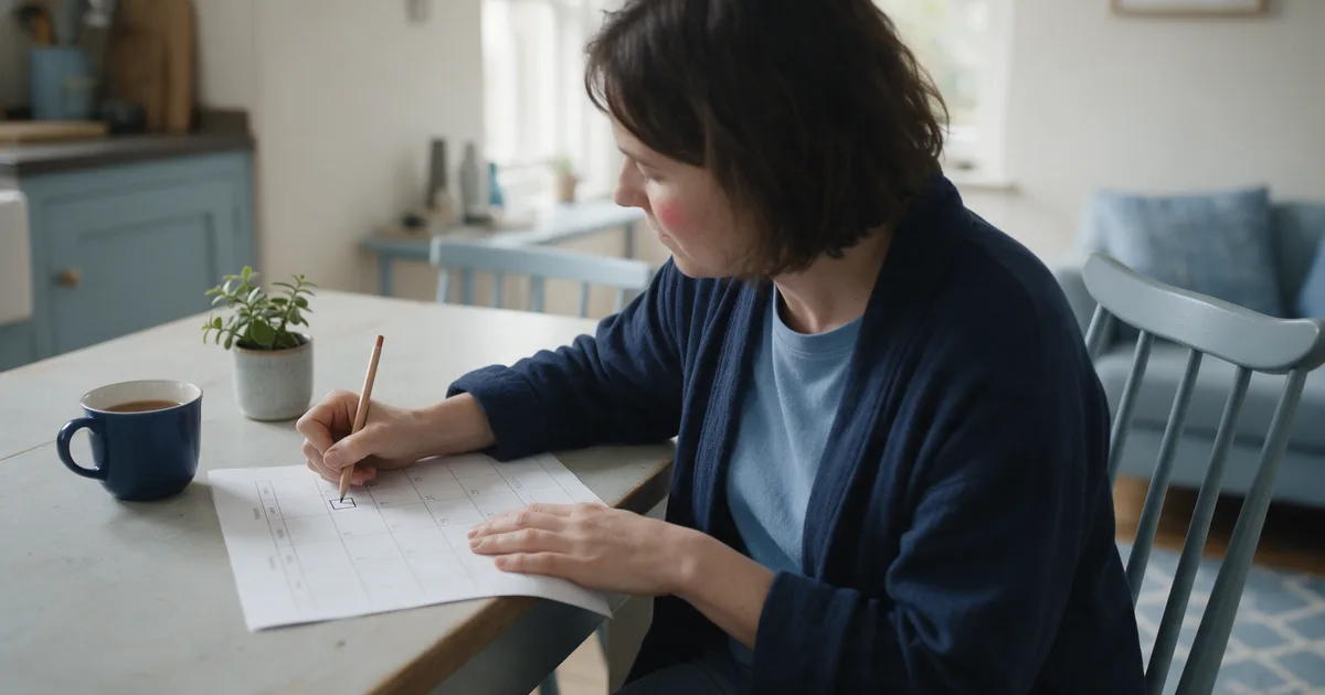 A woman sits at a kitchen table writing on a sheet of paper beside a blue mug and a small potted plant.