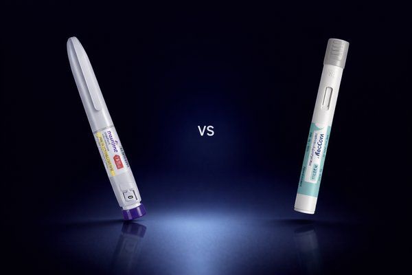 Six weight-loss injection pens lined up against a white background