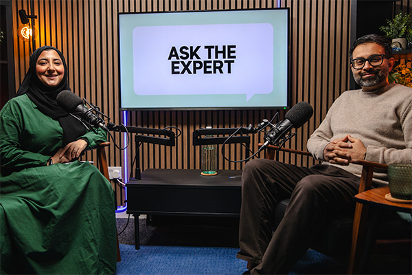 Ask the Expert: The Maintenance Edition | pharmacists aamina and abdal sat on chairs with microphones and ask the expert on tv screen