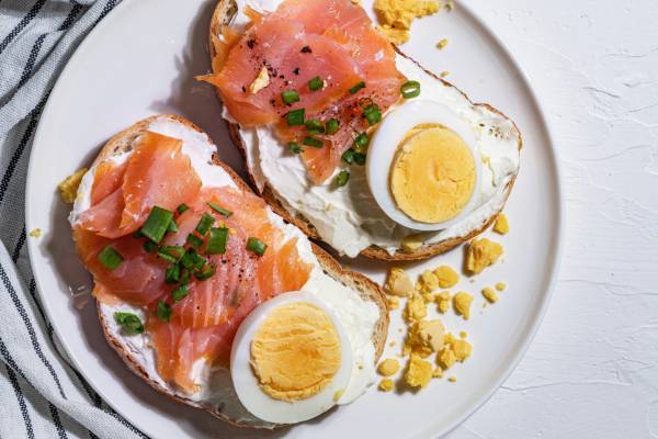 why is protein important ? | eggs and salmons on two slices of toast on a white plate