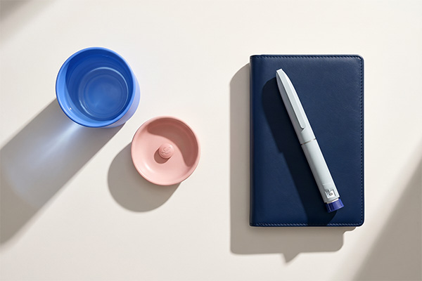 Foundayo tablet with cup of water and glp-1 pen on diary book