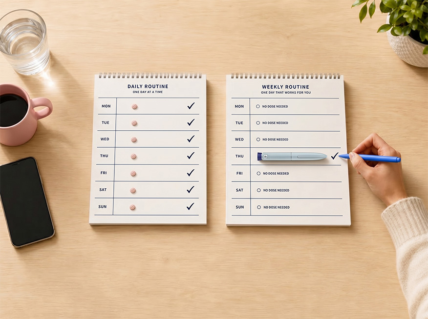 Daily Foundayo pill on diary book next to Weekly GLP-1 injection on diary book
